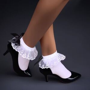 Sexy White Black Bow in Back Ruffled Socks has Embroidered Tear Drops NWT 1 Size